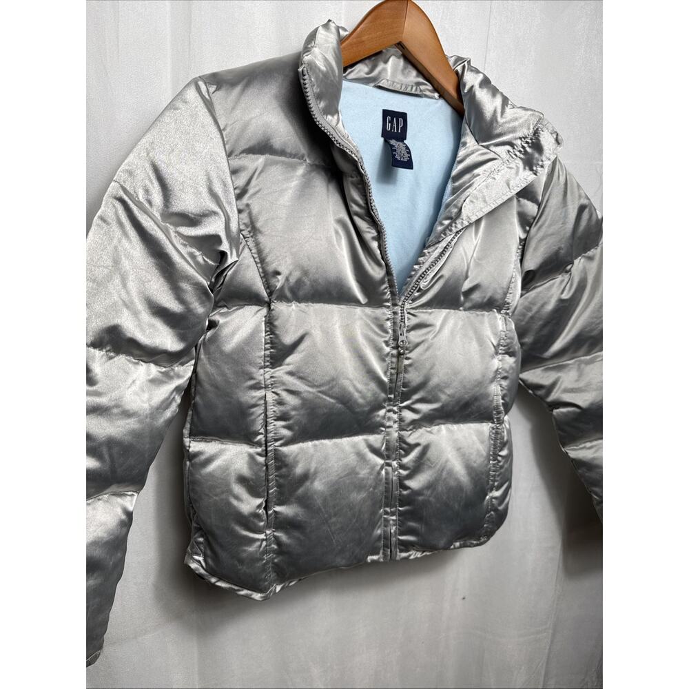 Vintage Y2K Gap Silver Puffer Jacket Girl's Size XL Down Filled Fleece Lined GUC - Picture 2 of 11